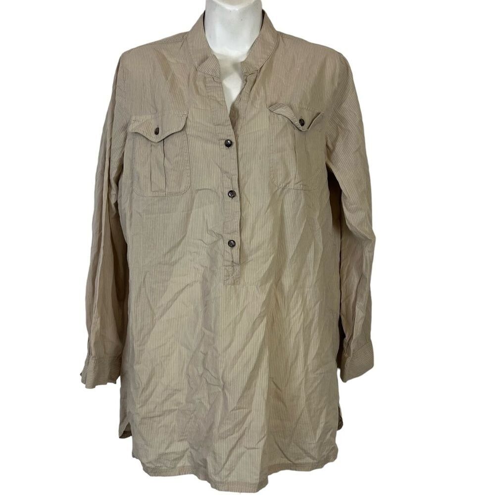 SOFT SURROUNDINGS Beige White Long Line Striped Shirt Top Lagenlook Blouse sz M